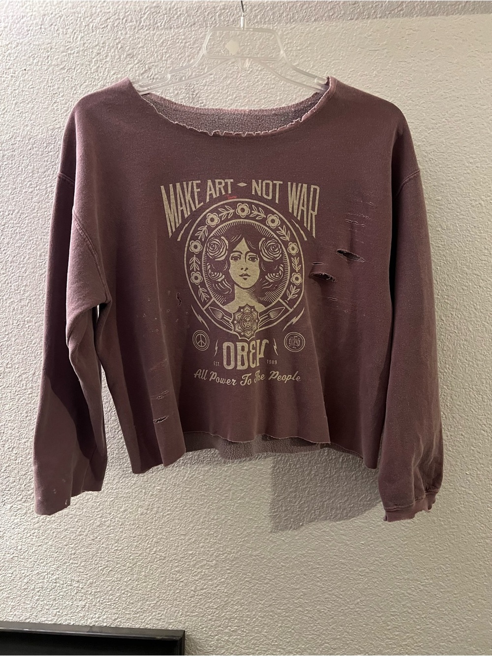 Obey Mauve 'Make Art Not War' Distressed Crewneck